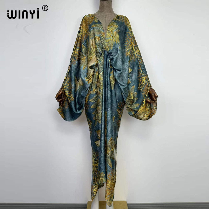 Sexy bech hand-rolled feel silk rayon fashion print Maxi Women's robes long beach V-neck Bohemian dress 16 One Size
