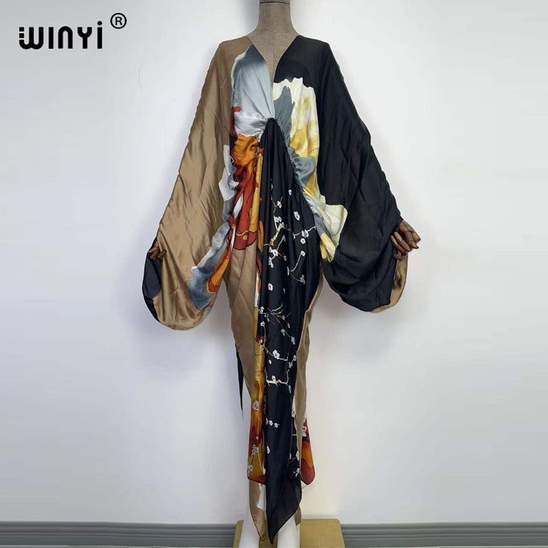 Sexy bech hand-rolled feel silk rayon fashion print Maxi Women's robes long beach V-neck Bohemian dress 12 One Size