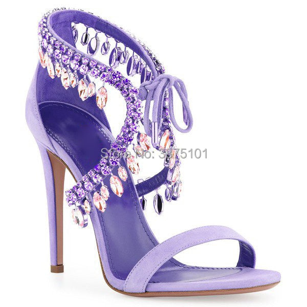 Crystal Tassel Sandals Strap Suede Women Summer Shoes Cross Diamond Stiletto Mujer Party 8cm and 10cm Pumps Big Size Euro 42 10cm heel 3