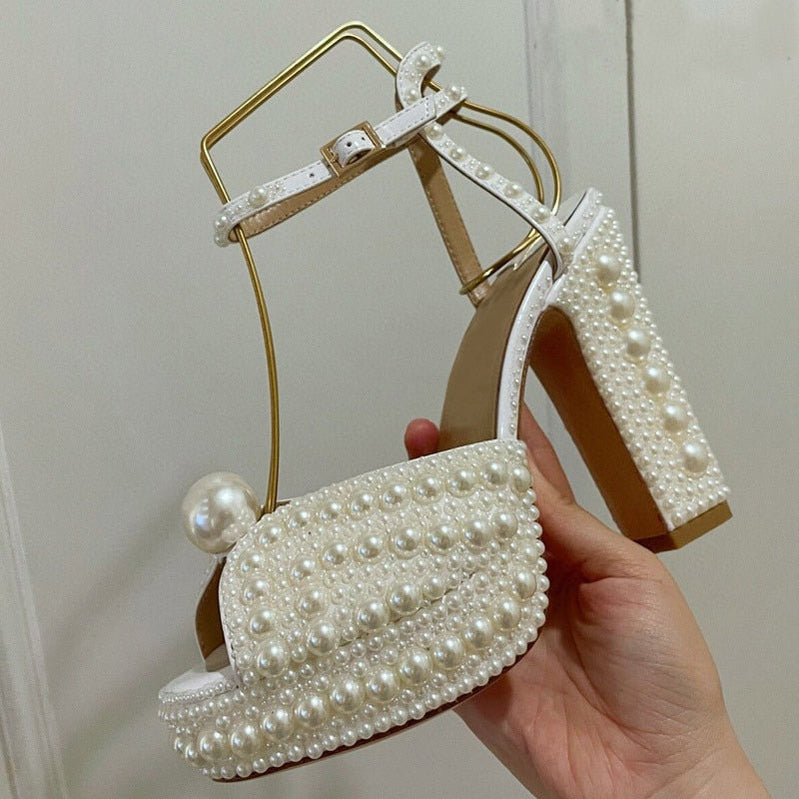 Pearl Platform Sandals Women Open Toe Rhinestone Diamond Square High Heels Shoes Woman Sexy Wedding Shoes