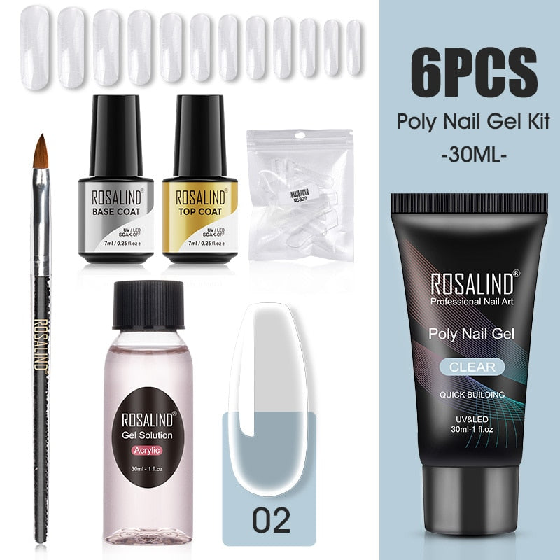 ROSALIND Poly Nail Gel Kit Nail Set For Manicure With UV LED Lamp Need Base Top Coat Hybrid Varnishes Cured Gel Lacquer Nail Art RE-4GELS2TOOLS-02