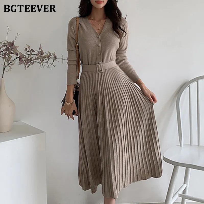 Elegant V-neck Single-breasted Women Thicken Sweater Dress 2021 Autumn Winter Knitted Belted Female A-line soft dresses
