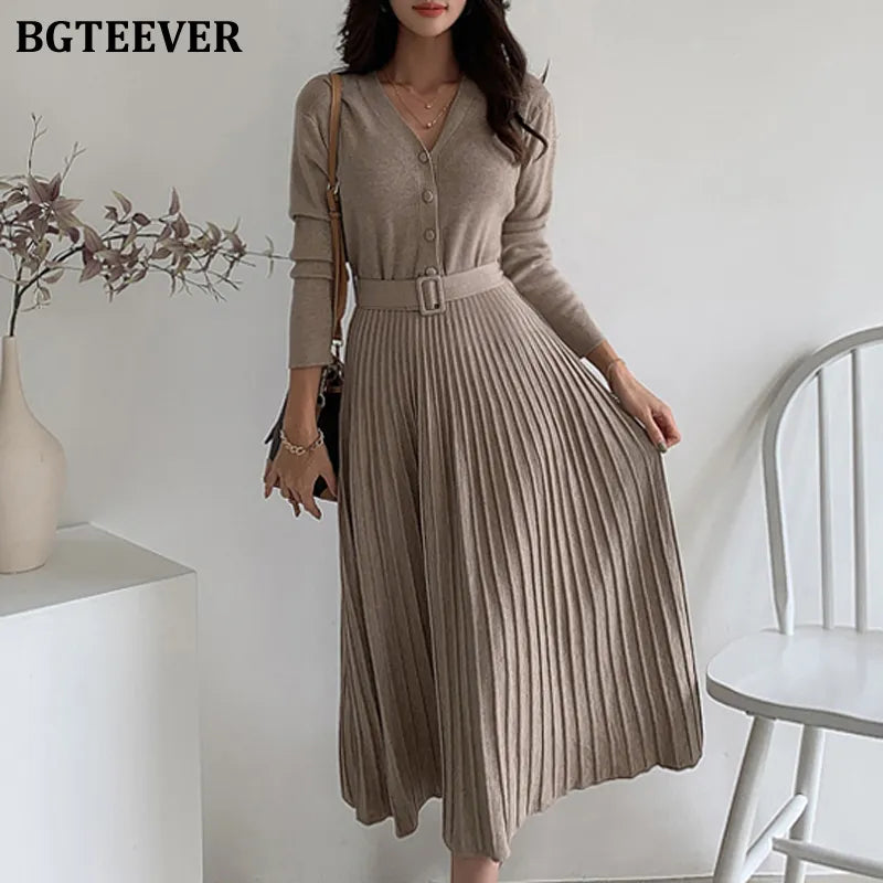 Elegant V-neck Single-breasted Women Thicken Sweater Dress 2021 Autumn Winter Knitted Belted Female A-line soft dresses