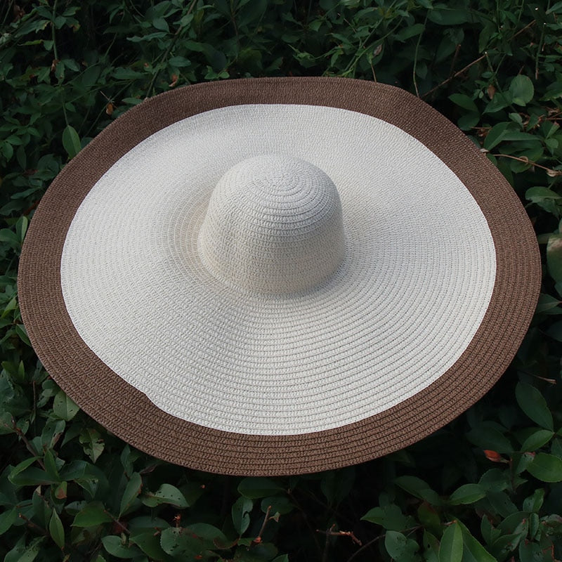 25CM Wide Brim Oversized Beach Hats For Women Large Straw Hat UV Protection Foldable Sun Shade Hat beige coffee