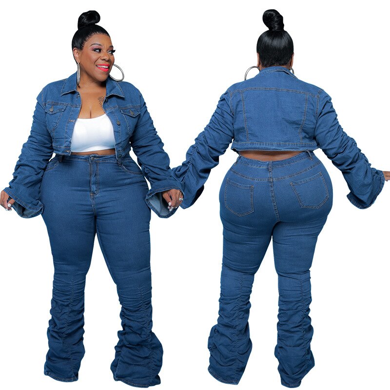 Denim Plus Size Sets Women 2 Piece Set Puff Long Sleeve Jacket Stretch Stacked Jeans Fall Winter Clothes
