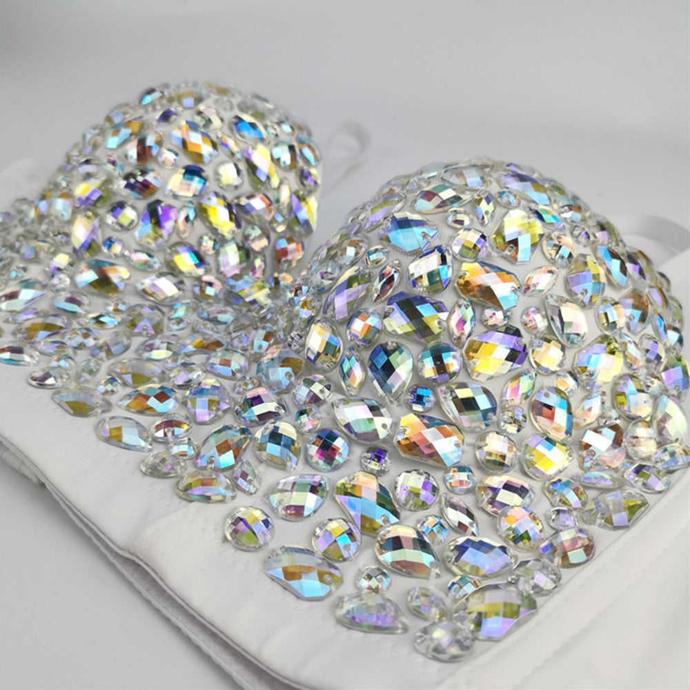 IRENE TINNIE Handmade Shiny Rhinestone Crop Top Shining Tank Top Backless Vest Sexy Bra Party Nightclub Vest