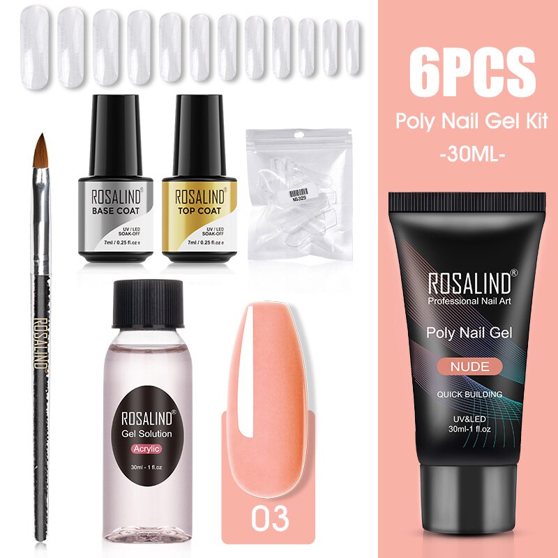 ROSALIND Poly Nail Gel Kit Nail Set For Manicure With UV LED Lamp Need Base Top Coat Hybrid Varnishes Cured Gel Lacquer Nail Art RE-4GELS2TOOLS-03