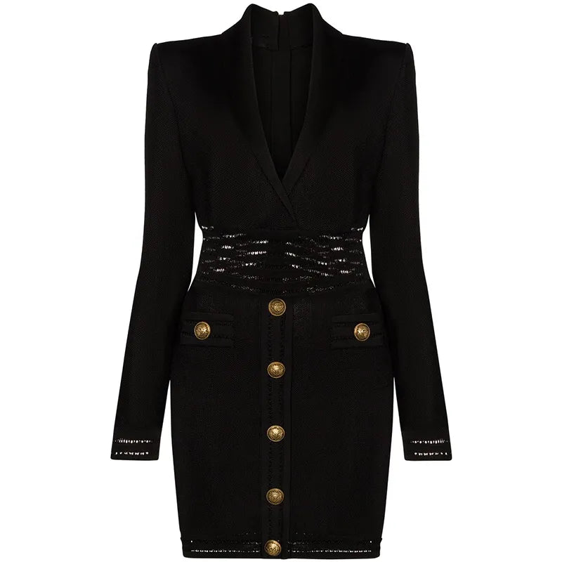 Fall Winter Designer Dress Women's Long Sleeve Notched Collar Knit Dress