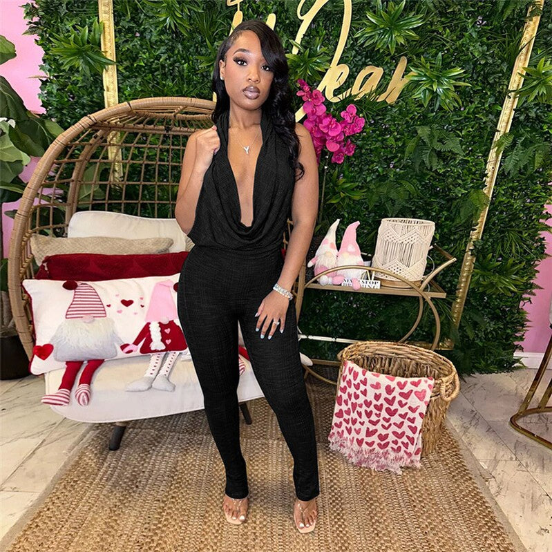 Sexy Low Collar Hanging Neck Sleeveless Slim Fit High Waist Jumpsuits Women Summer Casual Backless Solid Crumpled Overalls