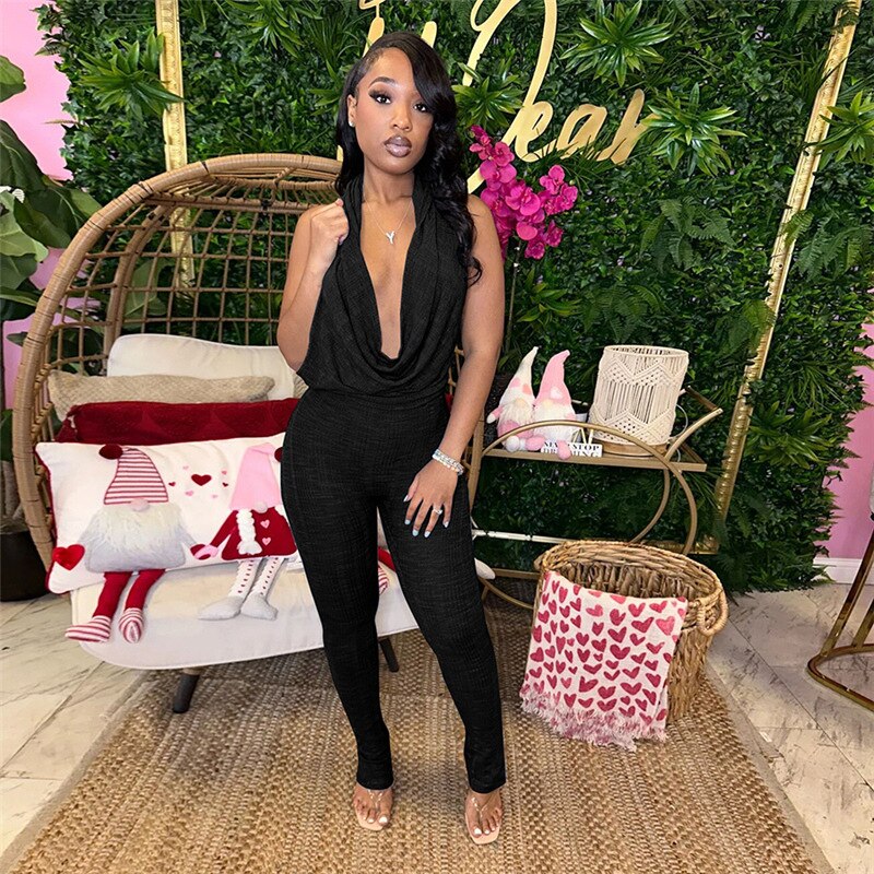 Sexy Low Collar Hanging Neck Sleeveless Slim Fit High Waist Jumpsuits Women Summer Casual Backless Solid Crumpled Overalls