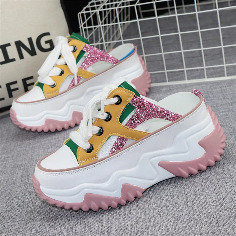8cm New Glitter Leather Women Chunky Sneakers Platform Wedge Breathable Slippers Comfortable Hollow Summer Shoes