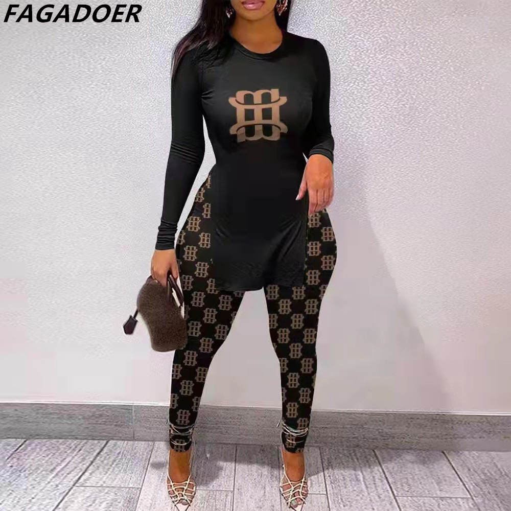 Fall Women Two Piece Sets Outfits Casual Print Side Slit Top And Skinny Pants Tracksuits Fashion Streetwear 2pcs Suits