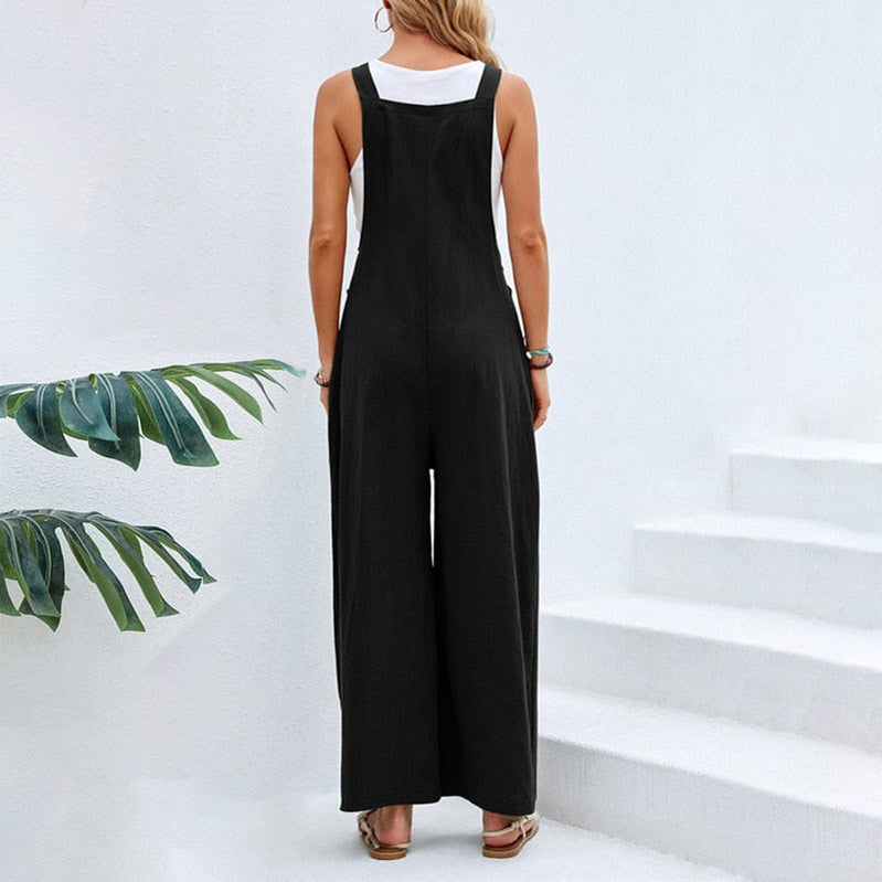 Vintage Cotton Linen Jumpsuit Women 2023 Casual Solid Button Wide Leg Suspender Pants with Pockets Summer Loose Overalls Rompers
