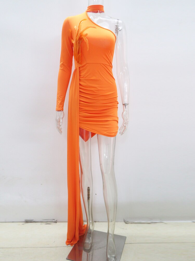 Sexy Solid Feather Details Skinny Mini Dress Spring Women Halter One Shoulder Irregular Bodycon Clubwear Cloak Dress Orange