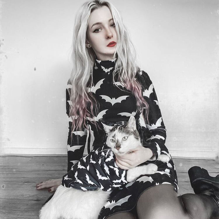 Gothic Black Bat Printed Dress Tutleneck for Women Long Sleeve Spring Fall Punk Vestidos Party Outfits Soft Clothes
