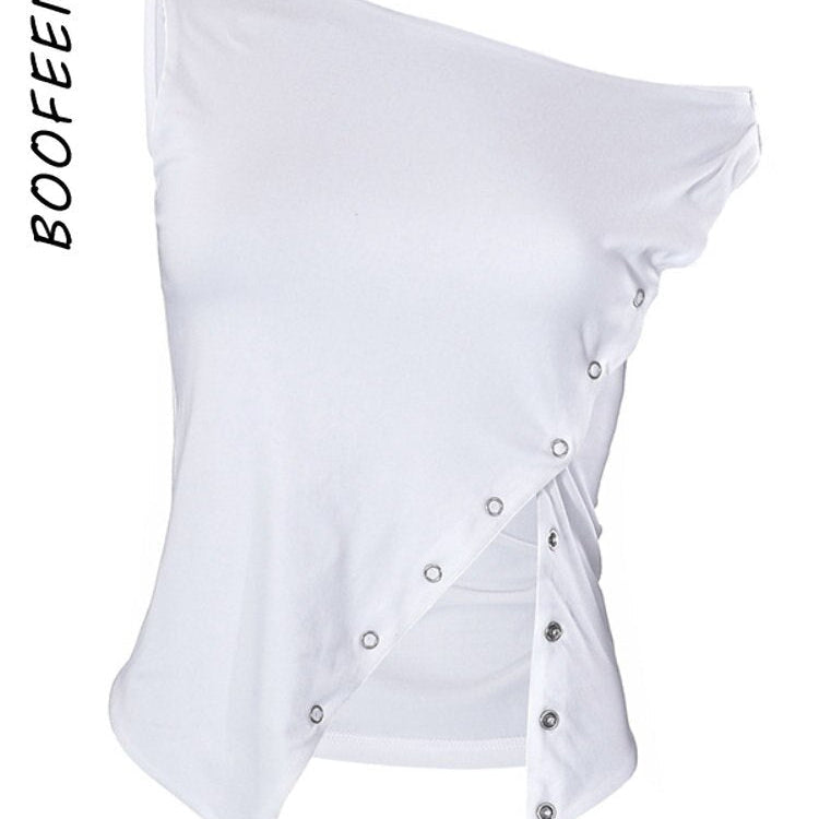 BOOFEENAA Asymmetrical Sleeveless T Shirt Button Split One Shoulder Cropped Tank Tops Womens Clothing Summer 2023 C85-CZ14