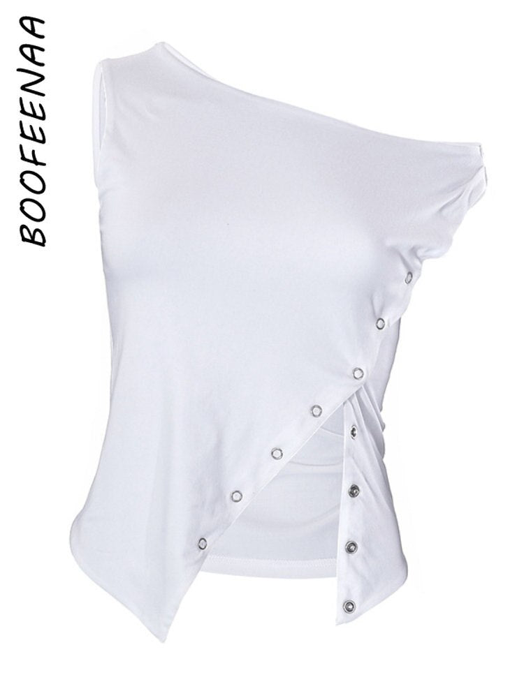 BOOFEENAA Asymmetrical Sleeveless T Shirt Button Split One Shoulder Cropped Tank Tops Womens Clothing Summer 2023 C85-CZ14