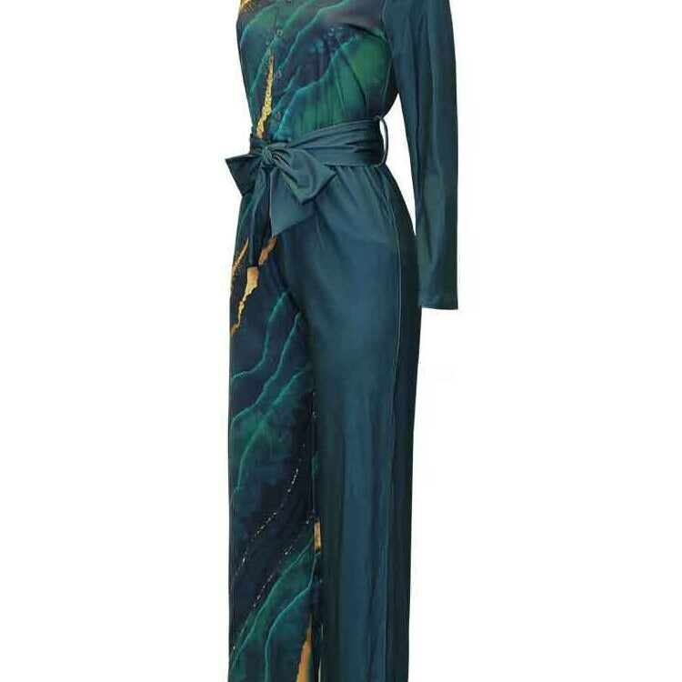 Print Jumpsuit Women Autumn and Spring New Fashion Long Sleeve Lapel Loose Casual Elegance Green Jumpsuits