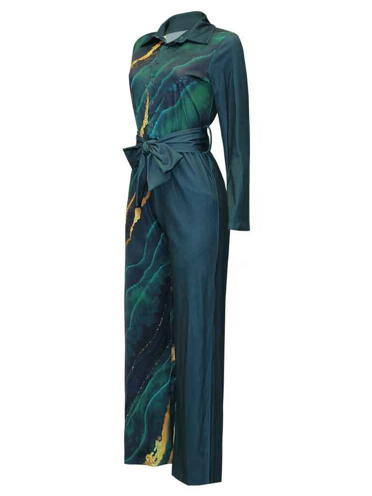 Print Jumpsuit Women Autumn and Spring New Fashion Long Sleeve Lapel Loose Casual Elegance Green Jumpsuits