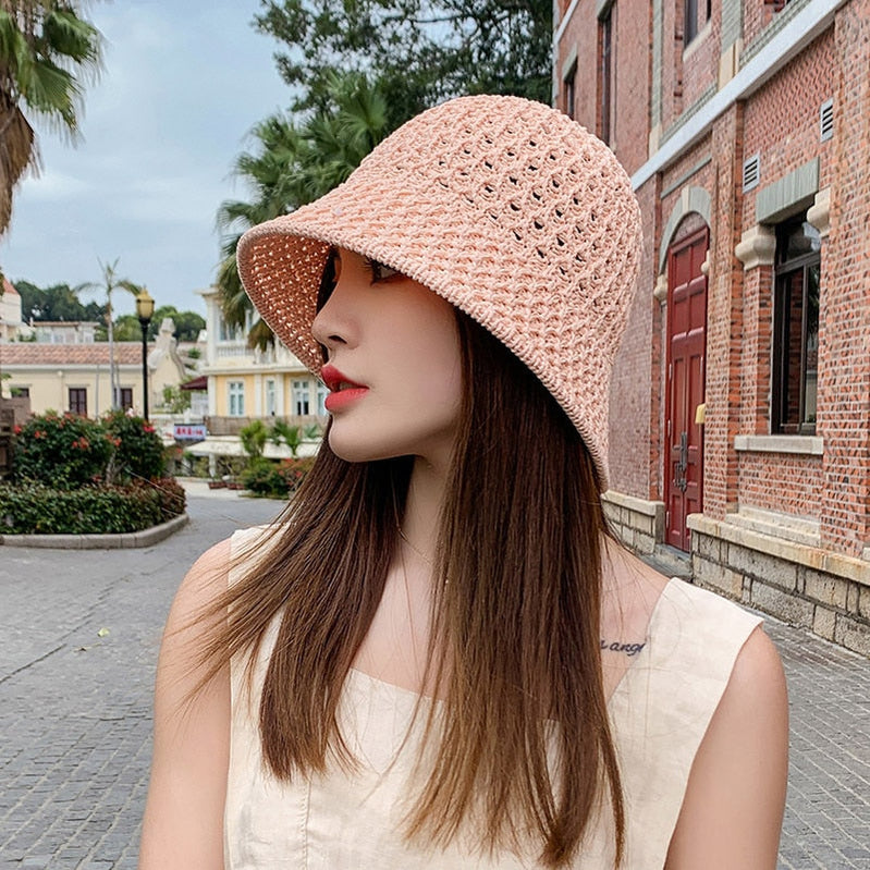 Sunscreen Hat Women's Net Red ins Korean Bucket Hat Hollow out Fisherman Basin Hat Outdoor Knitted Sun Shield Hat 2 55-58CM