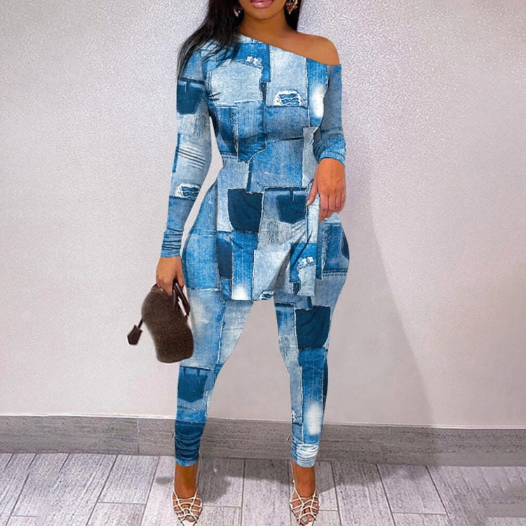 Fall Women Two Piece Sets Outfits Casual Print Side Slit Top And Skinny Pants Tracksuits Fashion Streetwear 2pcs Suits New blue