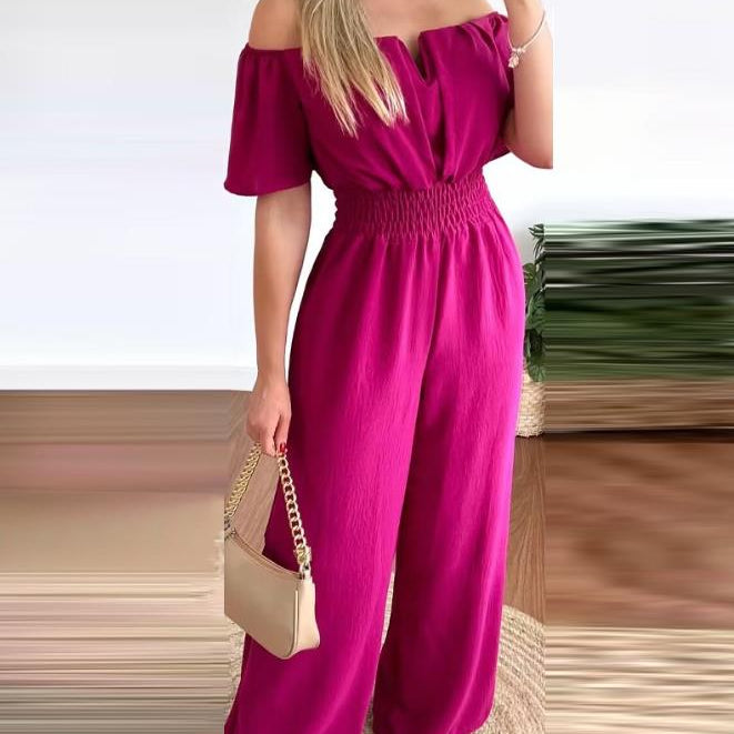 Jumpsuits for Women Spring Fashion Off Shoulder Casual Plain Short Sleeve Shirred Waist Daily Long Wide Leg Jumpsuit C