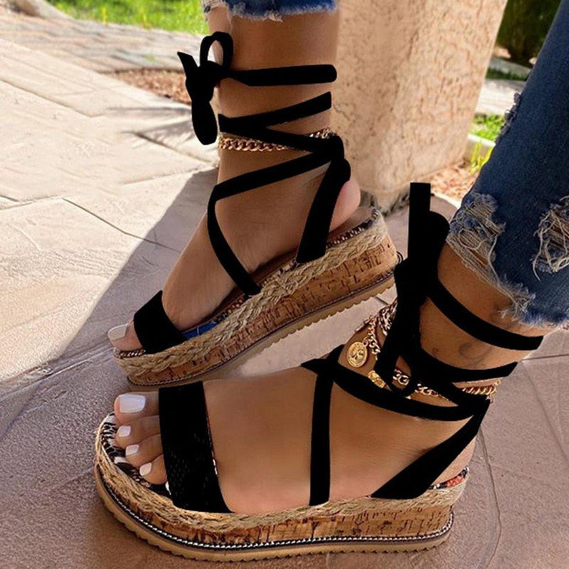 New Summer Women Snake Sandals Platform Heels Cross Strap Ankle Lace Peep Toe Beach Party Ladies Shoes Zapatos Sandals black A