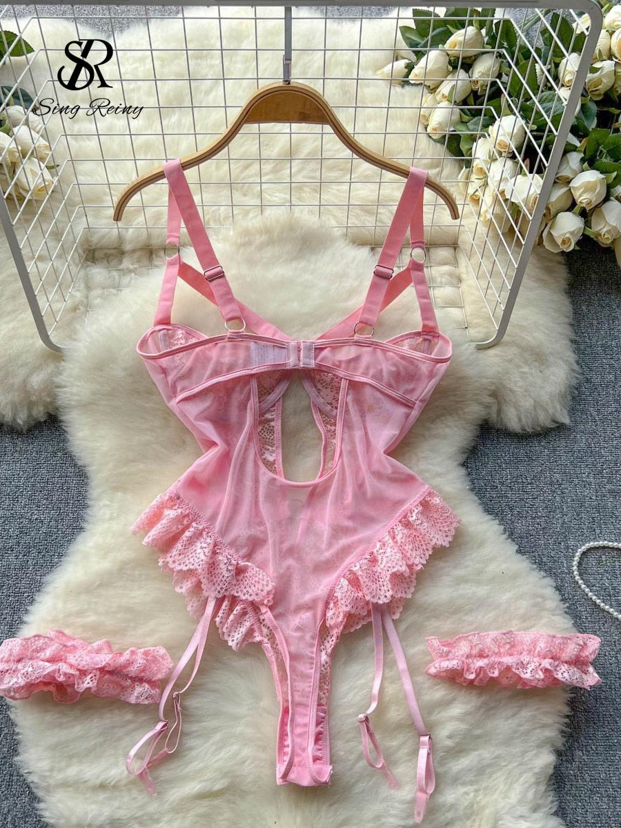 Shapewear Lace Lingerie Bodysuits Women Hollow Out Transparent Slim Sensual Rompers Hotsweet Erotic Sheer Playsuits