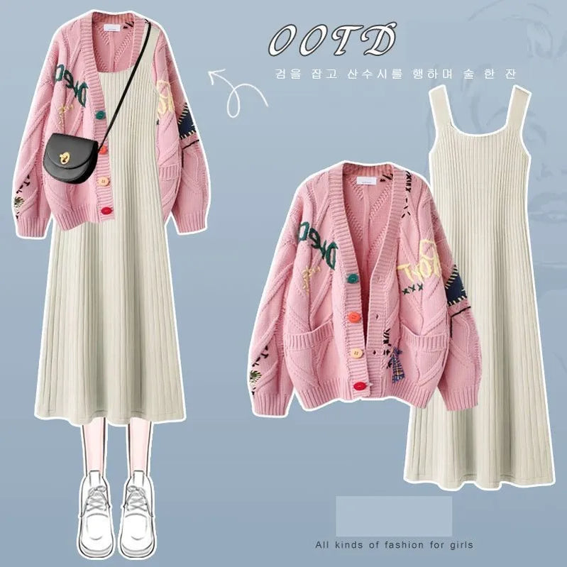Women's Autumn/Winter New Fashion Knitted Sweater Dress Matching Set Korean Elegant Cardigan Sling Skirt Two Piece Suit Set 02