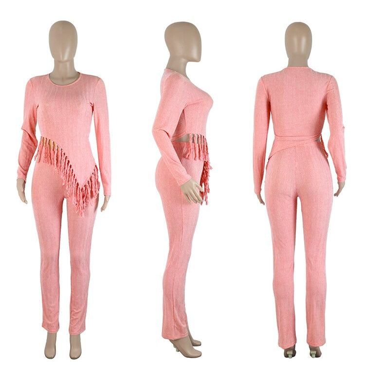 New In Fringe Tassel Long Sleeve Top and Pants Two Piece Set for Women Autumn Winter Birthday Party Club Night Outfit