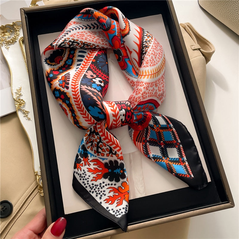 Fashion Hair Scarf for Women Decor Headband Ribbon Satin Silk Square Scarves Lady Wrist Wrap Shawls Design Bandana Foulard FJ723-3