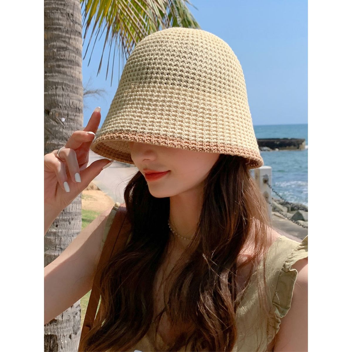 Summer Bicolor Knit Bucket Hat For Woman Trendy Black Bucket Hat Sun Caps Fashion Trend Charm Y2k Young Girl Kpop Gift Girl 2 55-59 cm