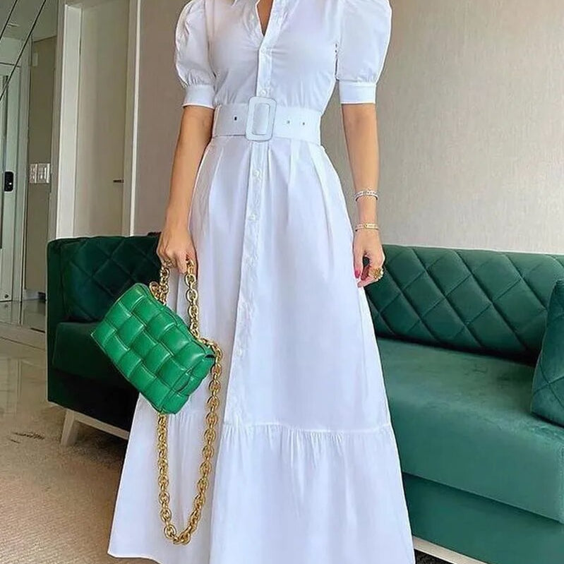 Short Sleeve Elegant Party Dresses For Women High Waist Gowns Button Design Women's Luxury Fashion Summer Clothes Chic Long White