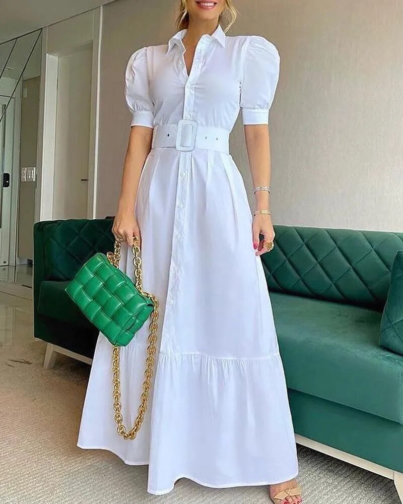 Short Sleeve Elegant Party Dresses For Women High Waist Gowns Button Design Women's Luxury Fashion Summer Clothes Chic Long White