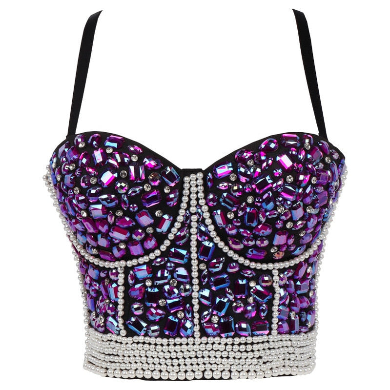 Women Tank Tops Luxury Sequined Rhinestone Pearl Wedding Push Up Bra Woman Clothes Camis Stage Ladies Crop Top Corset y2k Blusas