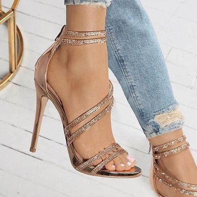 Gold Crystal Sandals Thin Strap Gladiator Sandals Stiletto Wedding Heels Rhinestone Cage Sandals