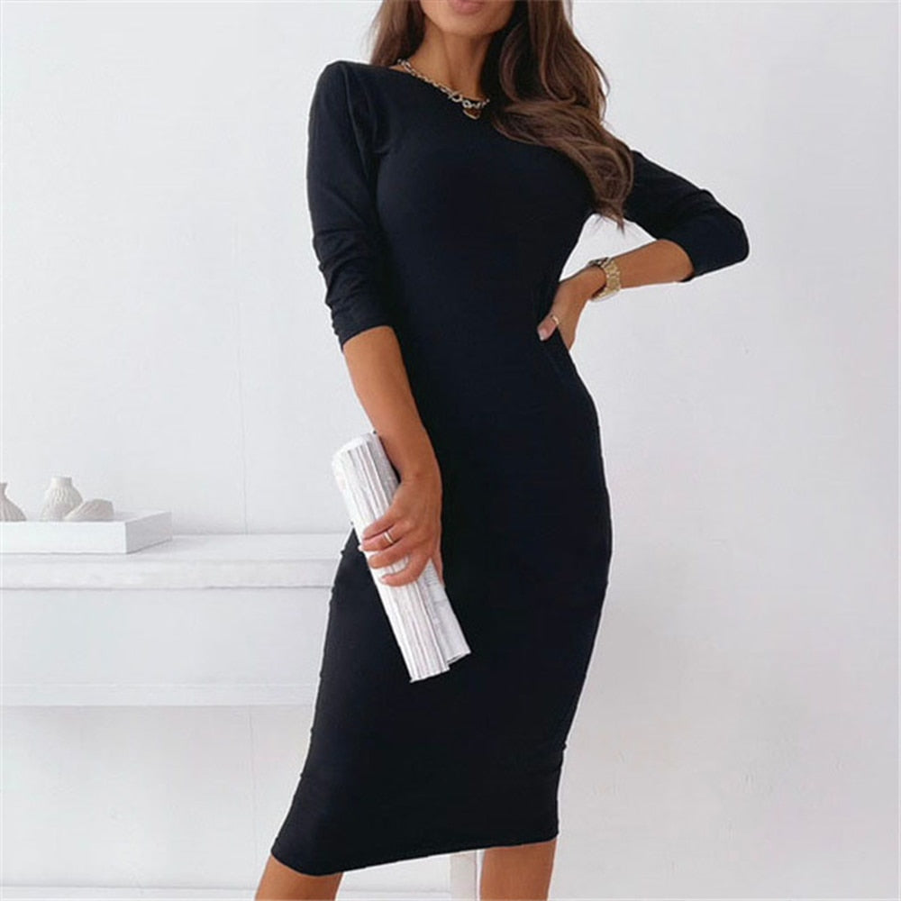 Womens Backless 3/4 Sleeve Midi Knee Length Dress Bodycon Ladies Party Striped Slim Black