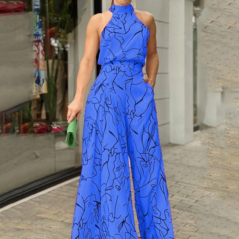 Elegant Women Sleeveless Jumpsuits Sexy Halterneck Long Rompers Wide Leg Pants Fashion Printed Bodysuit Jumpsuit Lady Outfit Royal blue