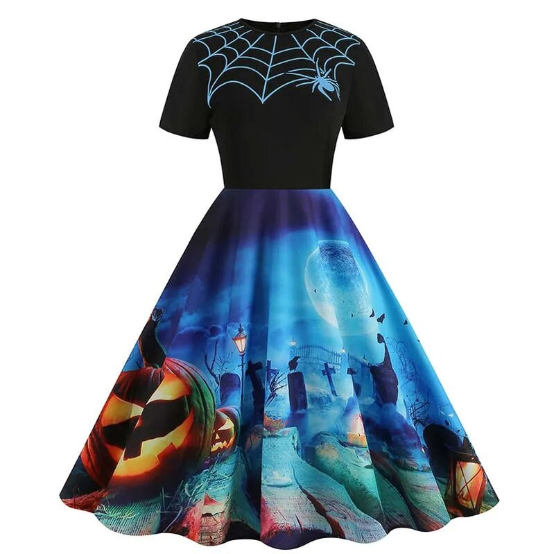 Women Halloween Costumes Dresses Short Sleeve Print Autumn Winter Vintage Party Dress Vestidos 006