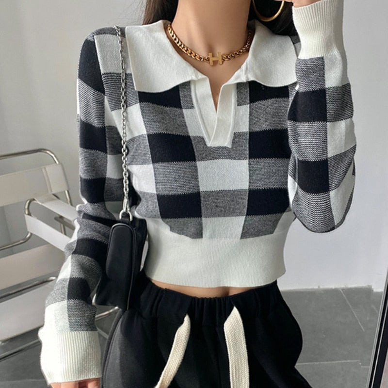 Autumn Winter Vintage Knitwear Crop Tops Women Pullover Sweaters Fashion Female Long Sleeve Elastic Casual Plaid Knitted Shirts