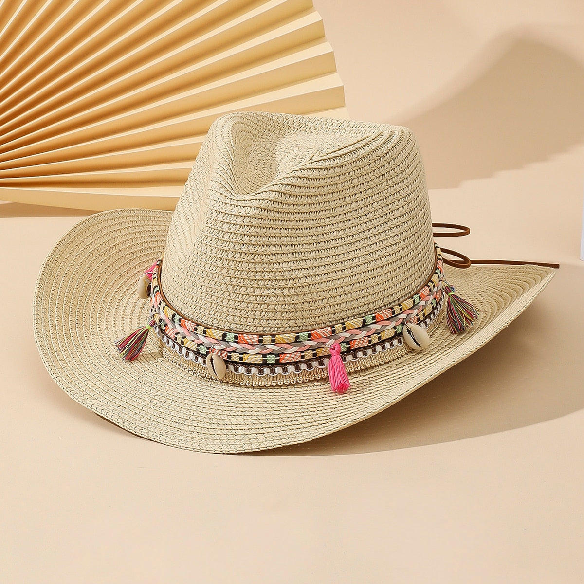 Women Pink Tassel Cowboy Hat Floppy Beach Hats Summer Straw Hats Ladies UV Protection Hat Panama Sun Hat