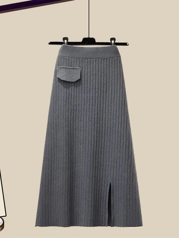 Spring Autumn Large Size Women's Shawl Shirt Three-piece Set+High Waist Knitting Half-body Skirt Set Women Fashion 3 Piece Set skirt