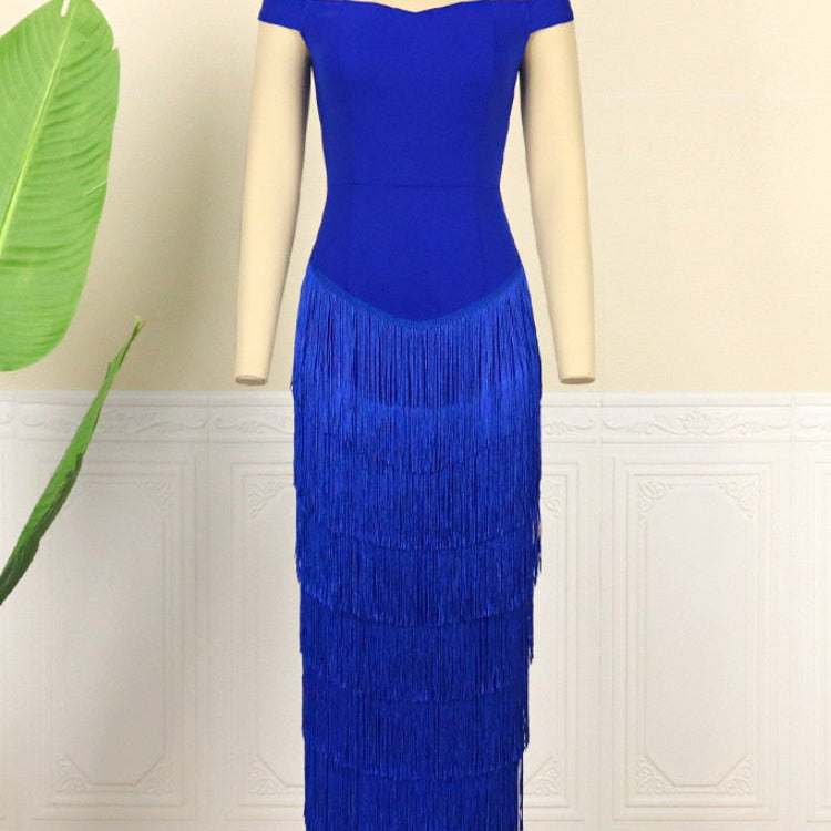 Women Dresses Blue Tassels Fringe Sexy Party Off Shoulder Sleevless Elegant Bodycon Long Cocktail Birthday Outfits Celebrate New