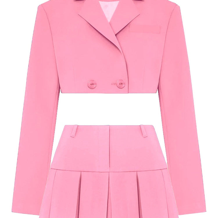 Casual Two Piece Sets Women's Fall Outfits New Black Matching Sets With Skirt And Blazer Cropped Top Suit For Women Pink Suit
