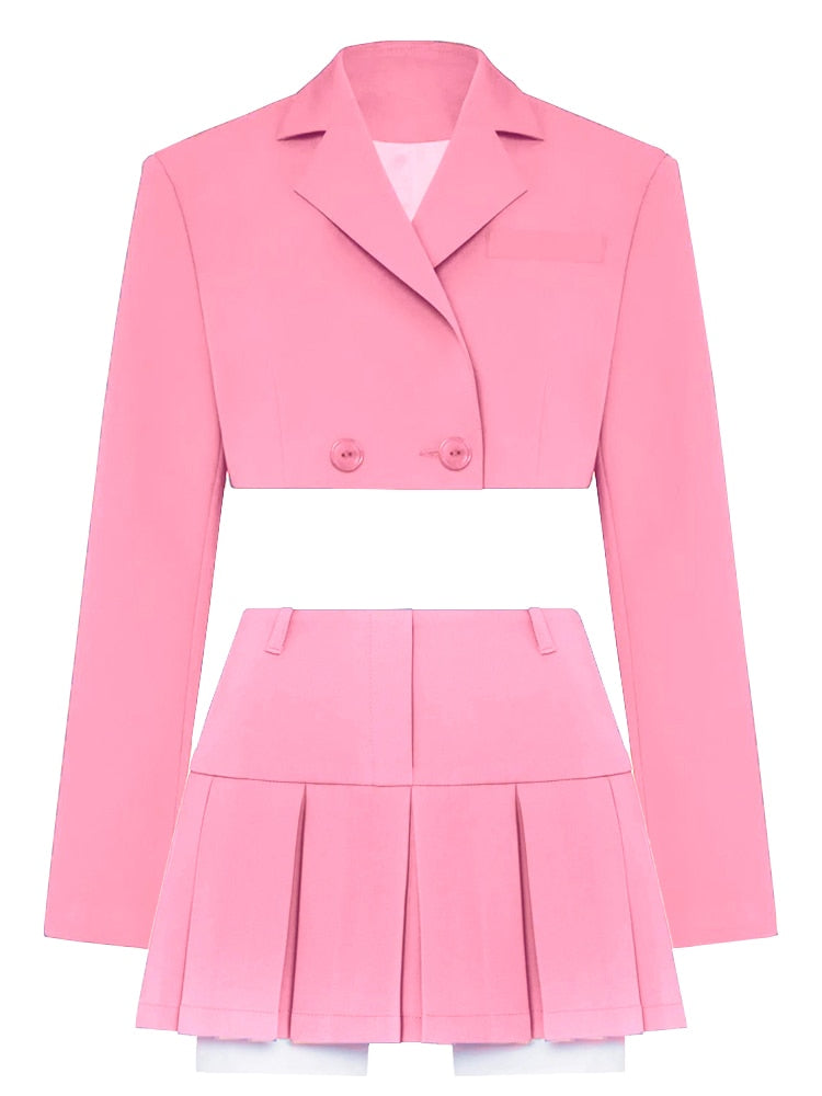 Casual Two Piece Sets Women's Fall Outfits New Black Matching Sets With Skirt And Blazer Cropped Top Suit For Women Pink Suit