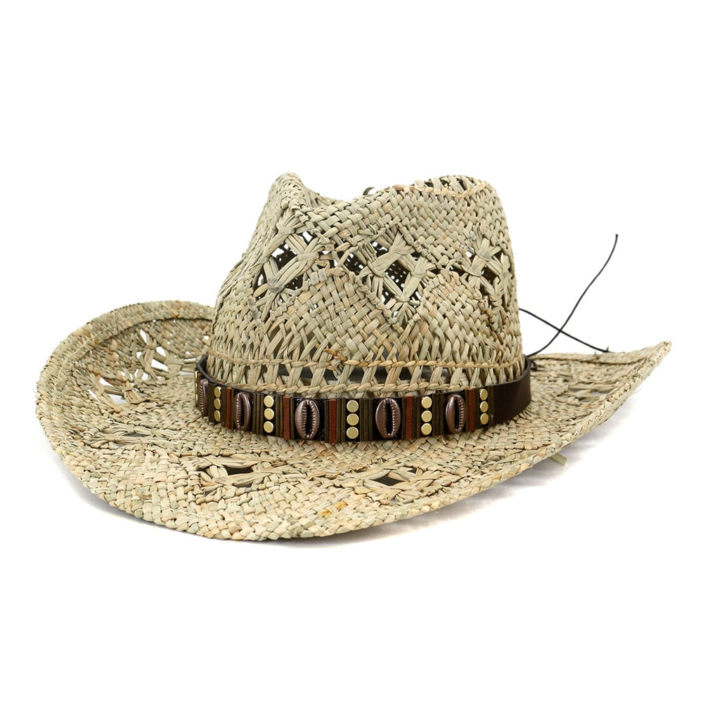 Cowboy hat fashion hollow handmade cowboy straw hat men&#39;s summer outdoor travel beach hat unisex solid color western cowboy hat 8 M55-58cm