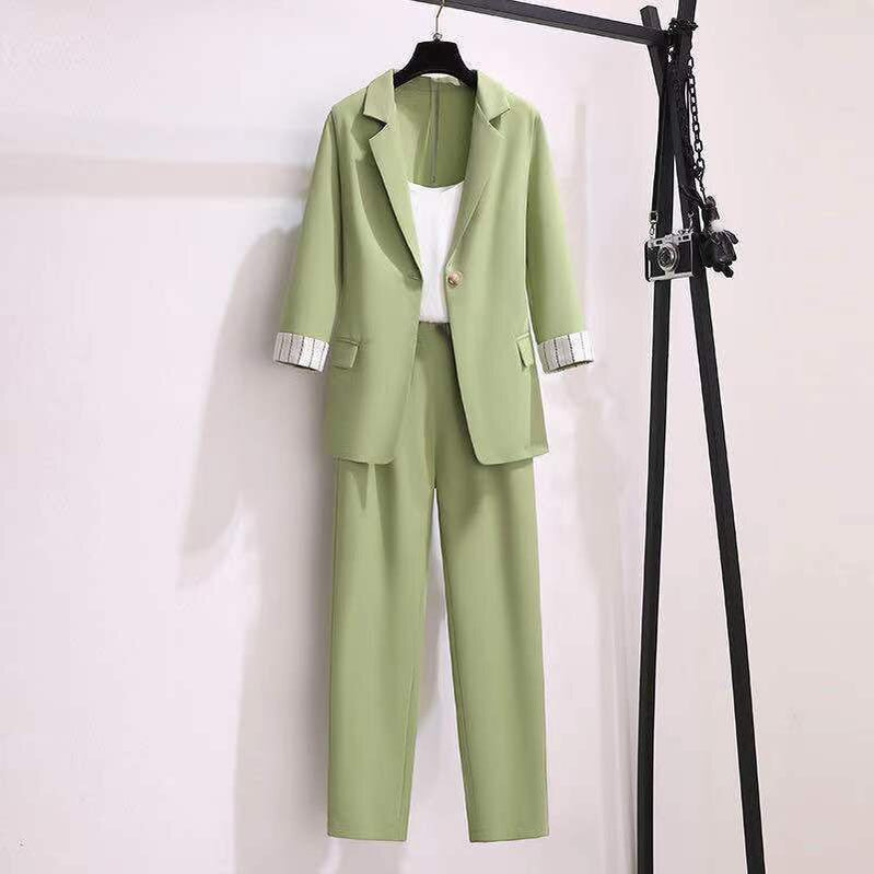 Women's Professional Wear Spring Fall New Suit Jacket Vest Pants Three-piece Korean Fashion Blazers Trousers Suspender Set Three-piece 04