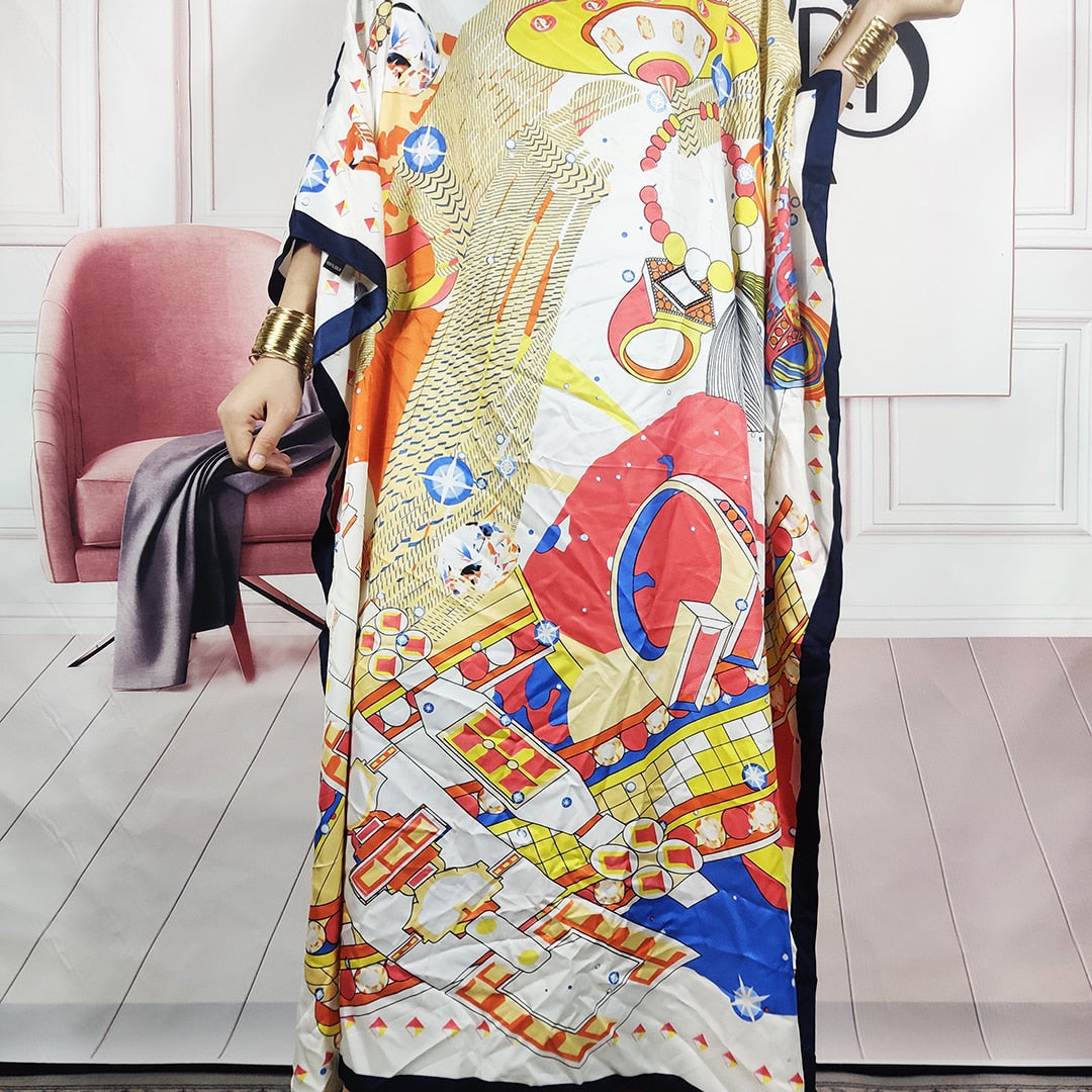 Kuwait Fashion - 2023 Summer Boho Loose Silk Kaftan Maxi Dress Oversized African Muslim Lady Abaya color 6 One Size