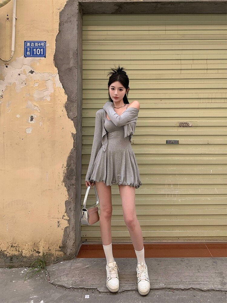 Fall Women Vacation Outfits 2 Piece Dress Set Solid Color Long Sleeve Cardigan Top + 2000s Aesthetic Mini Gyaru Pleated Dresses