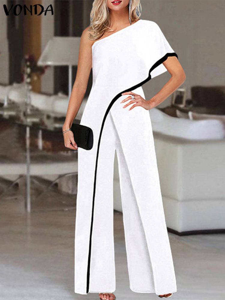 Women's Summer Rompers Elegant Office Formal Jumpsuits Casual Solid One Shoulder Sexy Loose Party Overalls Oversized White